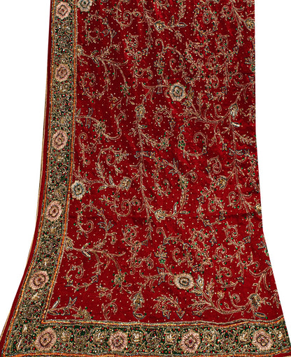 Sanskriti Vintage Red Pure Silk Dupatta Long Stole Hand Beaded Head Scarves Veil