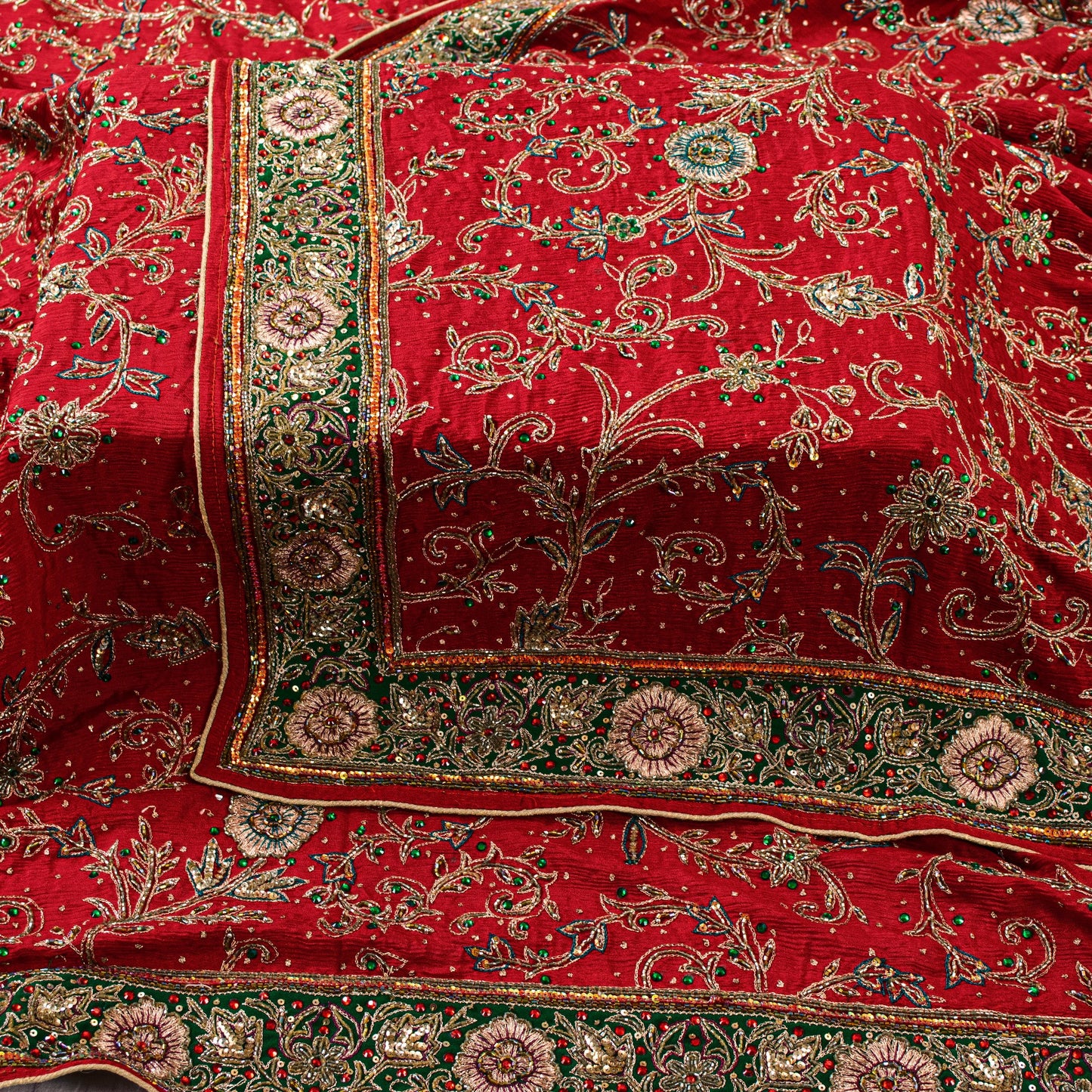 Sanskriti Vintage Red Pure Silk Dupatta Long Stole Hand Beaded Head Scarves Veil