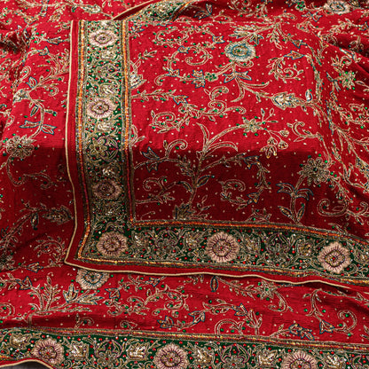 Sanskriti Vintage Red Pure Silk Dupatta Long Stole Hand Beaded Head Scarves Veil