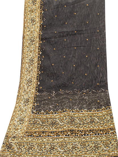 Sanskriti Vintage Black Net Dupatta Long Stole Hand Beaded Dabka Head Scarves