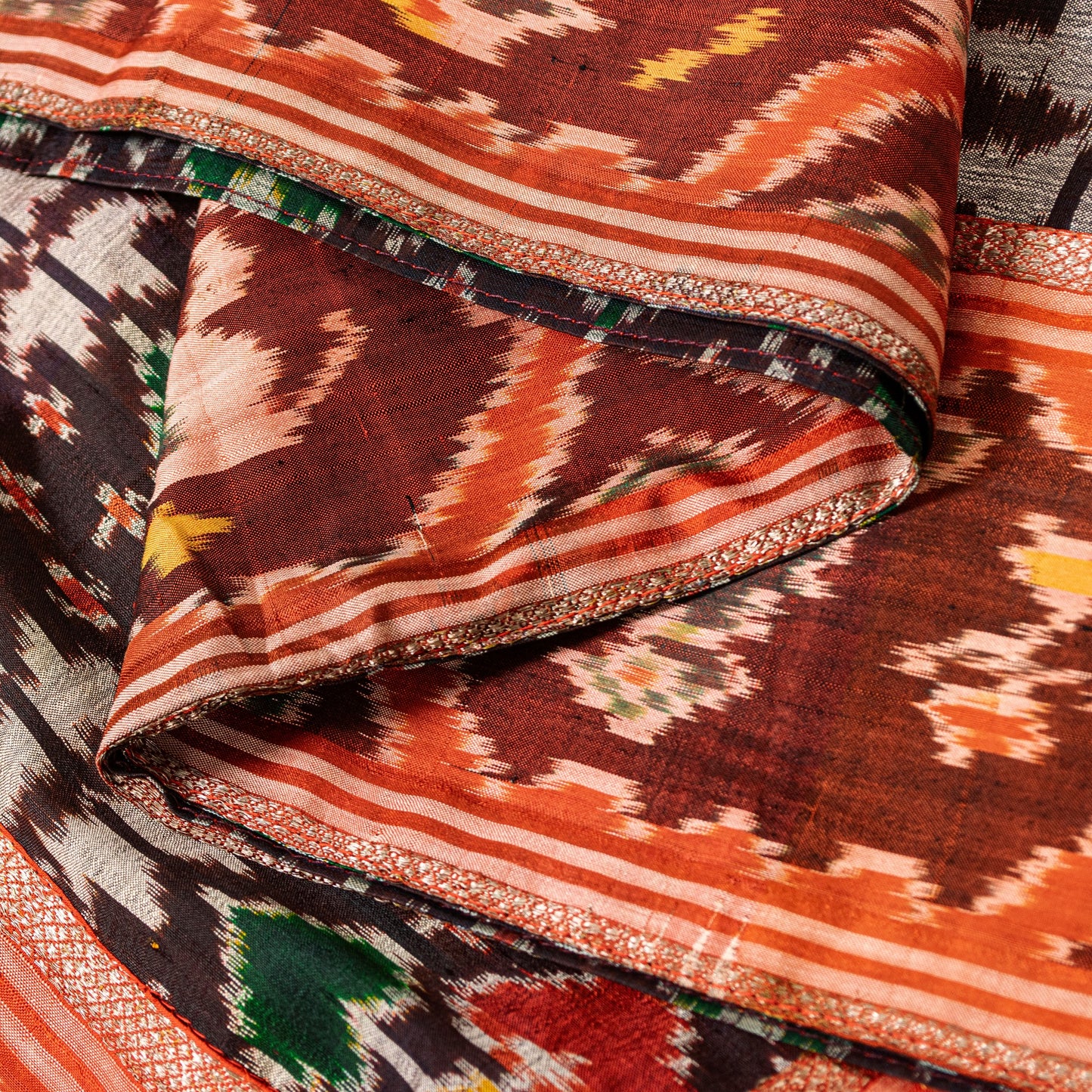 Sanskriti Vintage Dupatta Stole Pure Silk Brown Double Ikat Handwoven Pochampally