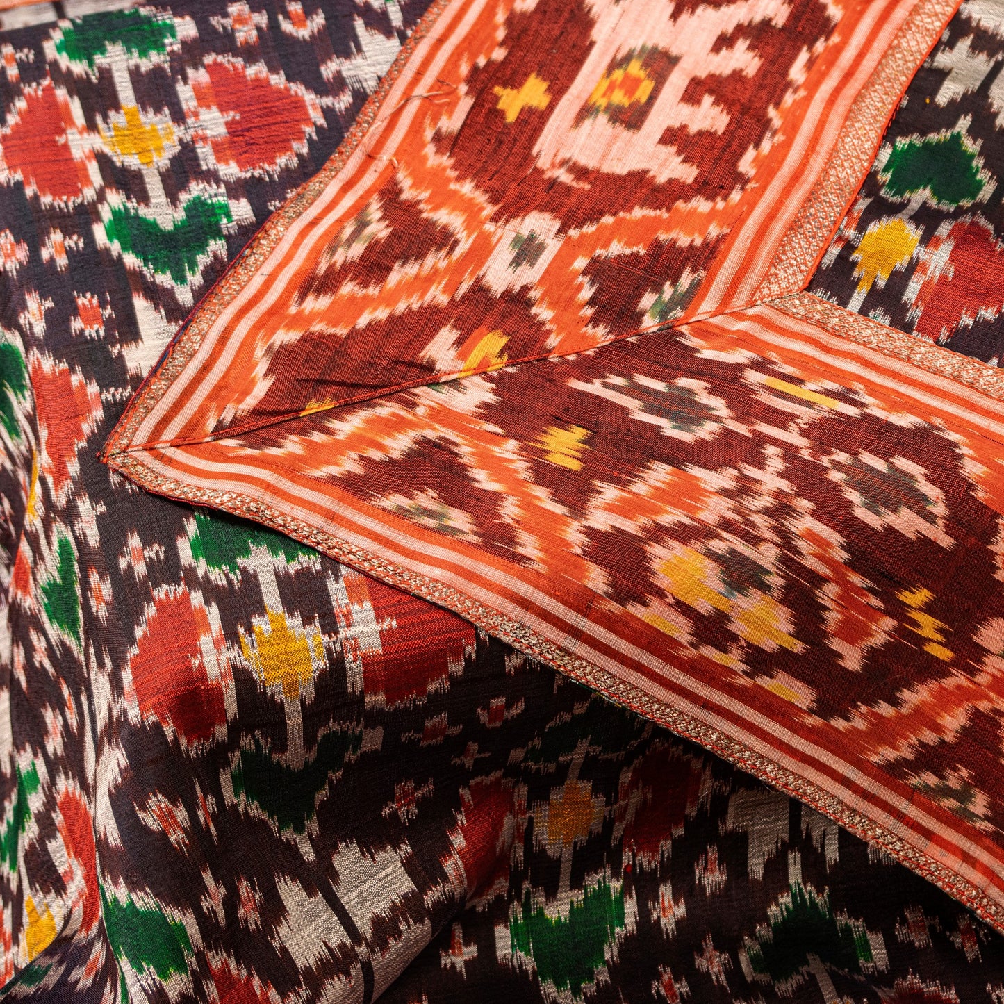 Sanskriti Vintage Dupatta Stole Pure Silk Brown Double Ikat Handwoven Pochampally