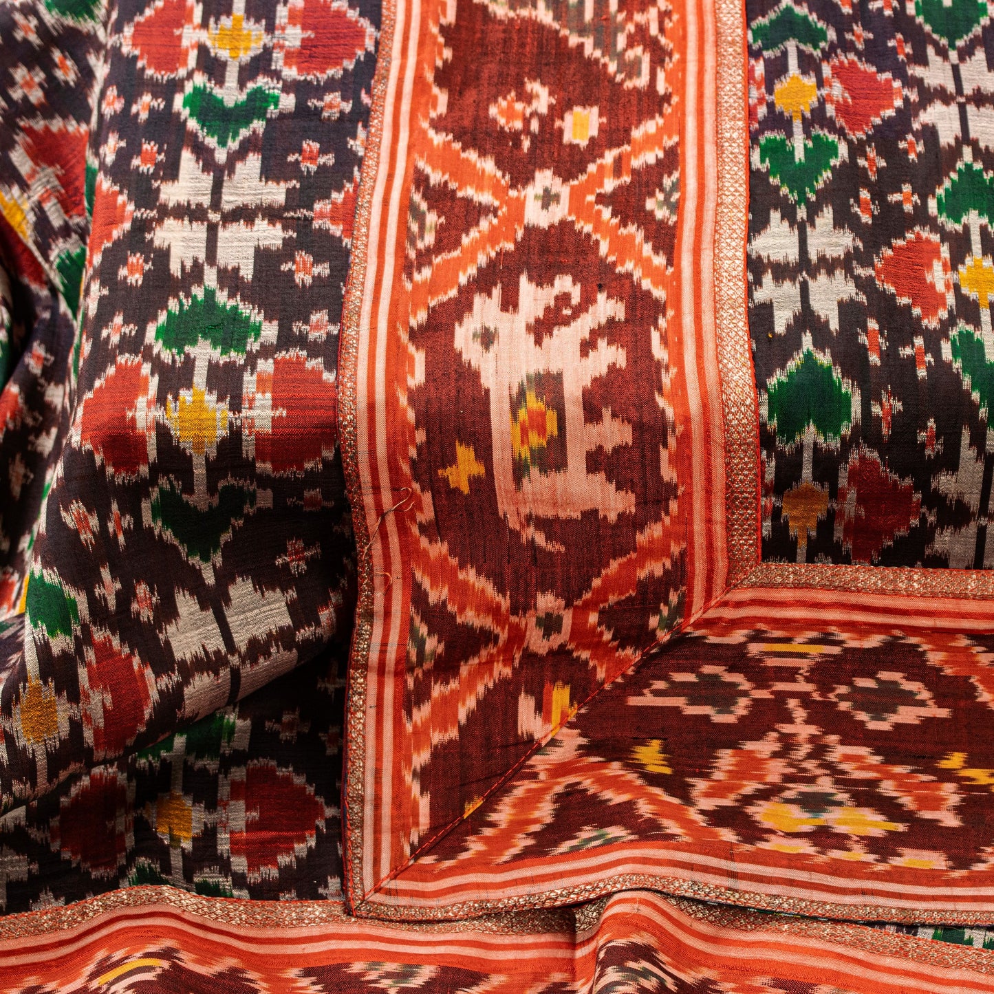 Sanskriti Vintage Dupatta Stole Pure Silk Brown Double Ikat Handwoven Pochampally