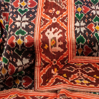 Sanskriti Vintage Dupatta Stole Pure Silk Brown Double Ikat Handwoven Pochampally
