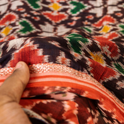 Sanskriti Vintage Dupatta Stole Pure Silk Brown Double Ikat Handwoven Pochampally