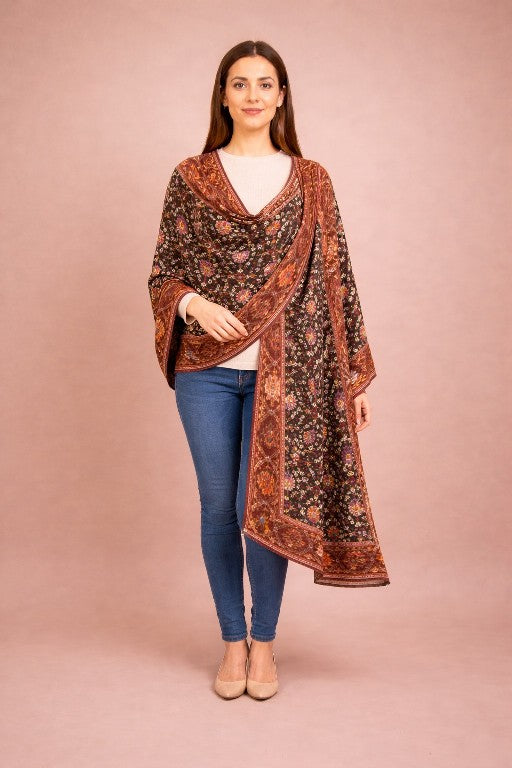 Sanskriti Vintage Pure Silk Brown Dupatta Stole Double Ikat Handwoven Pochampally Home Decor, Sewing, Upcycling, DIY Projects, Crafting,