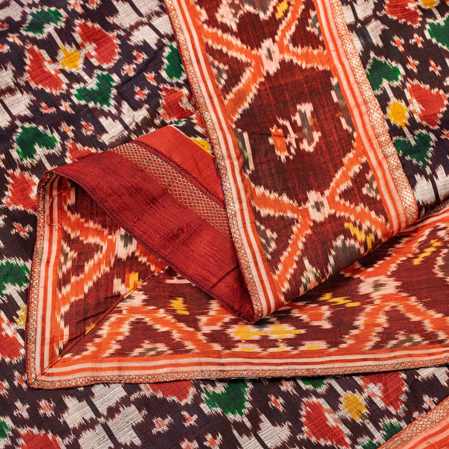 Sanskriti Vintage Dupatta Stole Pure Silk Brown Double Ikat Handwoven Pochampally