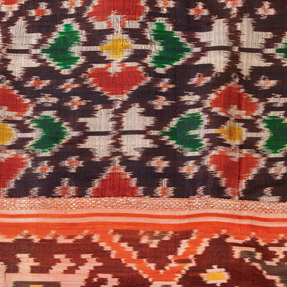 Sanskriti Vintage Dupatta Stole Pure Silk Brown Double Ikat Handwoven Pochampally
