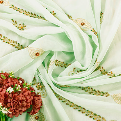 Sanskriti Vintage Green Georgette Dupatta Long Stole Hand Beaded Zari Neck Scarf