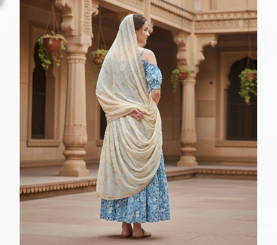 Sanskriti Vintage Green Georgette Dupatta Long Stole Hand Beaded Zari Neck Scarf