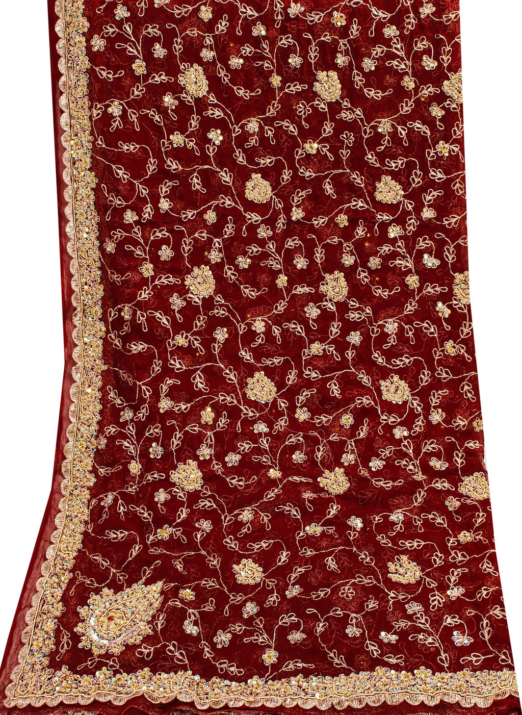 Sanskriti Vintage Dupatta Stole Red Pure Chiffon Net Hand Beaded Neck/Head Veil