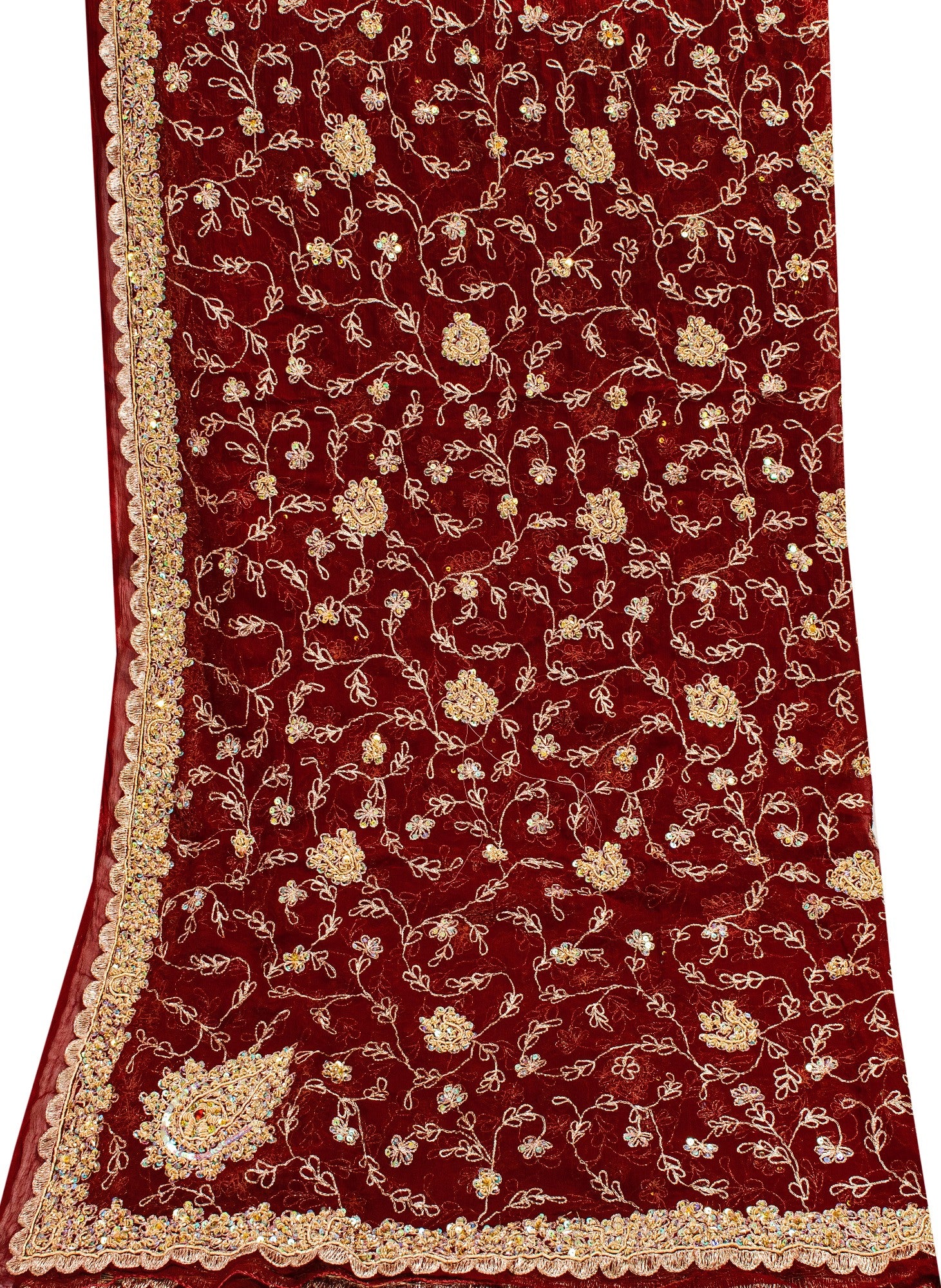 Sanskriti Vintage Dupatta Stole Red Pure Chiffon Net Hand Beaded Neck/Head Veil