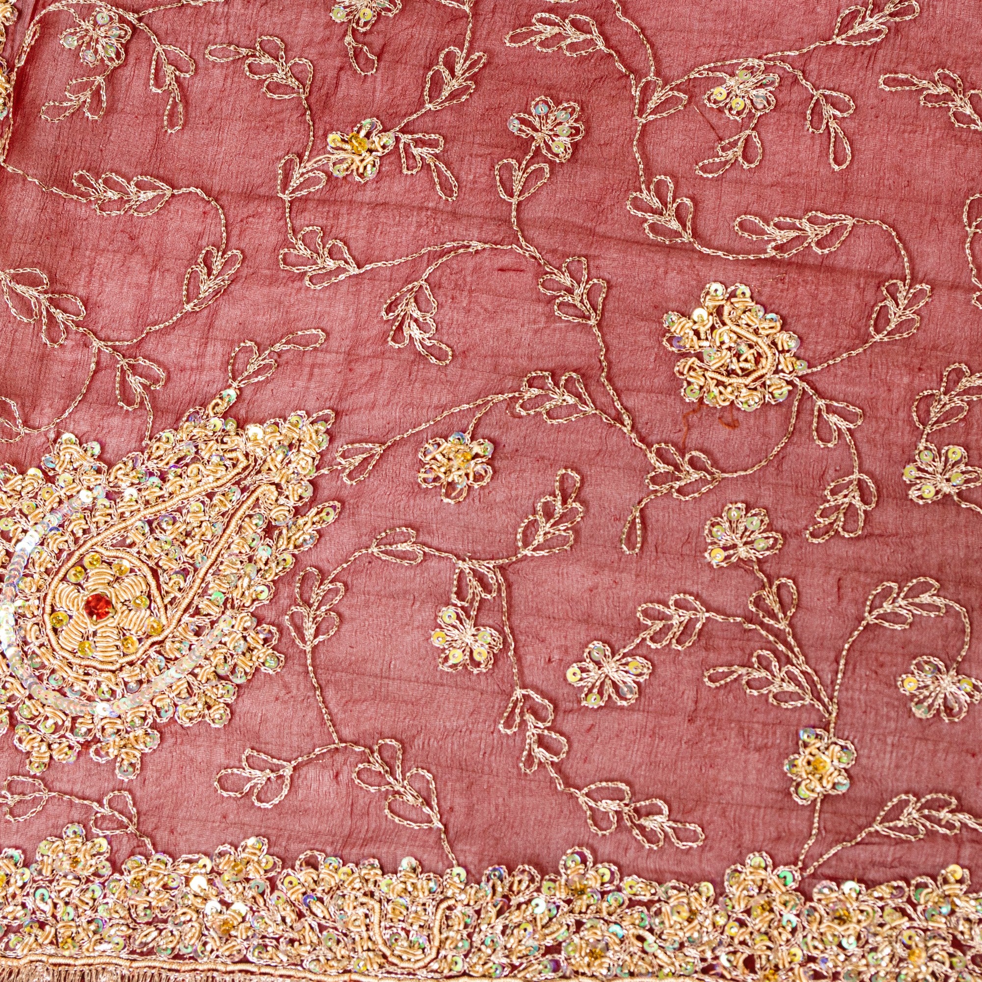 Sanskriti Vintage Dupatta Stole Red Pure Chiffon Net Hand Beaded Neck/Head Veil