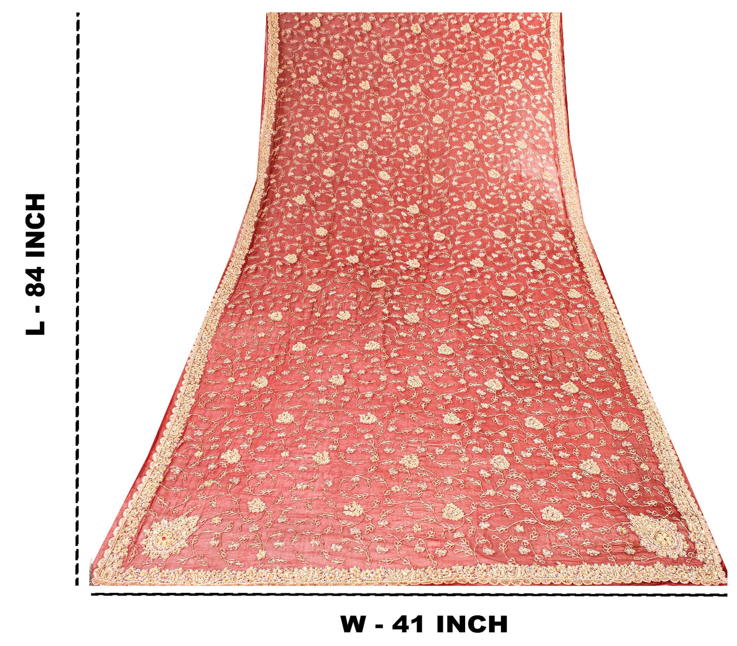Sanskriti Vintage Dupatta Stole Red Pure Chiffon Net Hand Beaded Neck/Head Veil