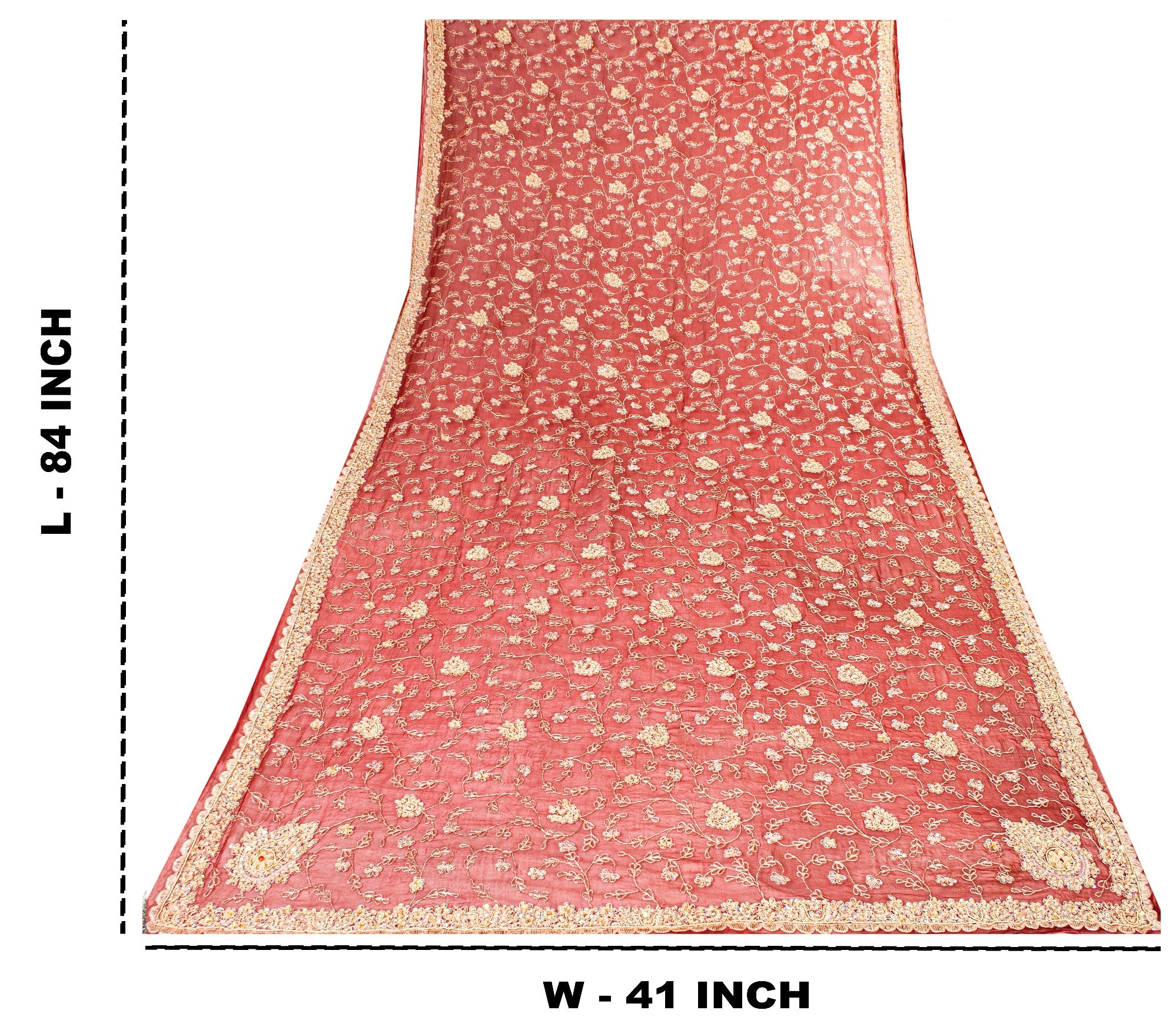 Sanskriti Vintage Dupatta Stole Red Pure Chiffon Net Hand Beaded Neck/Head Veil