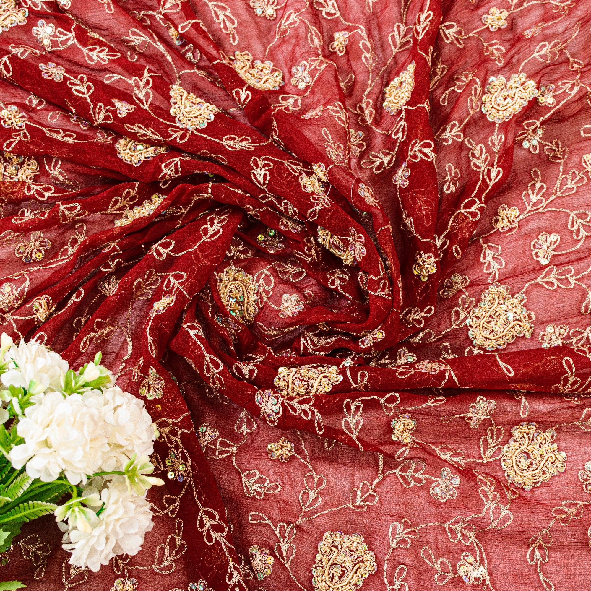 Sanskriti Vintage Dupatta Stole Red Pure Chiffon Net Hand Beaded Neck/Head Veil