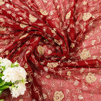 Sanskriti Vintage Dupatta Stole Red Pure Chiffon Net Hand Beaded Neck/Head Veil