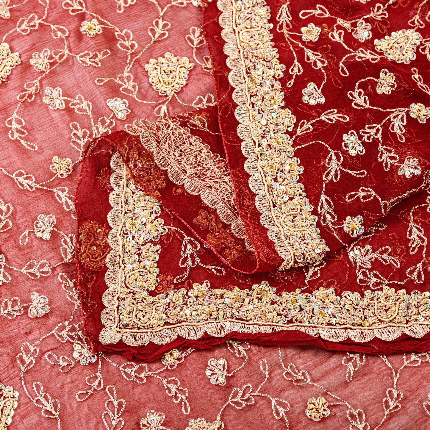 Sanskriti Vintage Dupatta Stole Red Pure Chiffon Net Hand Beaded Neck/Head Veil