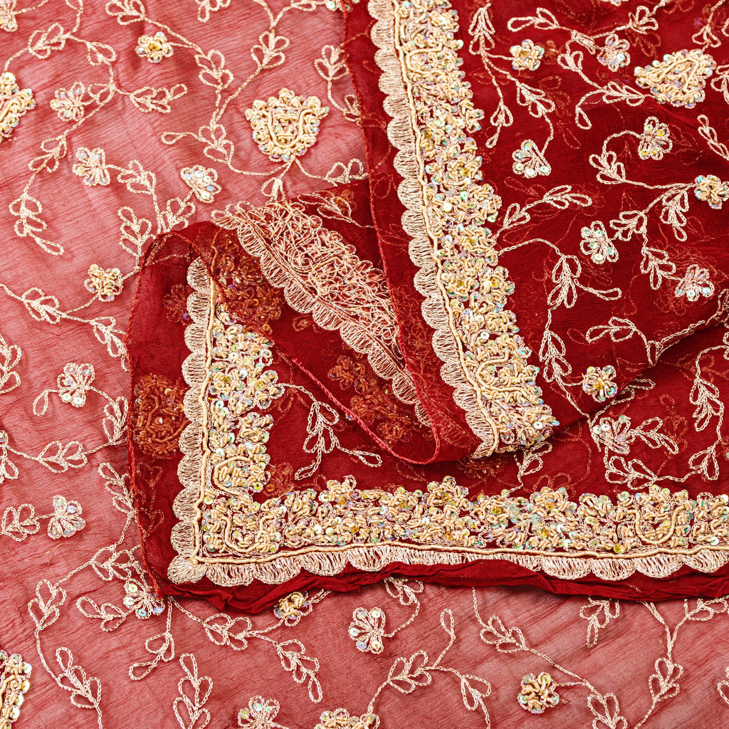 Sanskriti Vintage Dupatta Stole Red Pure Chiffon Net Hand Beaded Neck/Head Veil