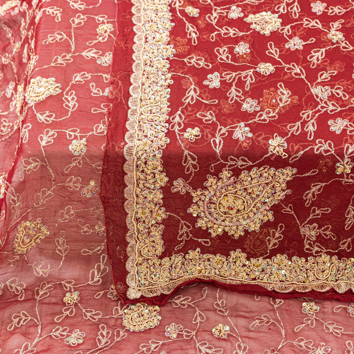 Sanskriti Vintage Dupatta Stole Red Pure Chiffon Net Hand Beaded Neck/Head Veil