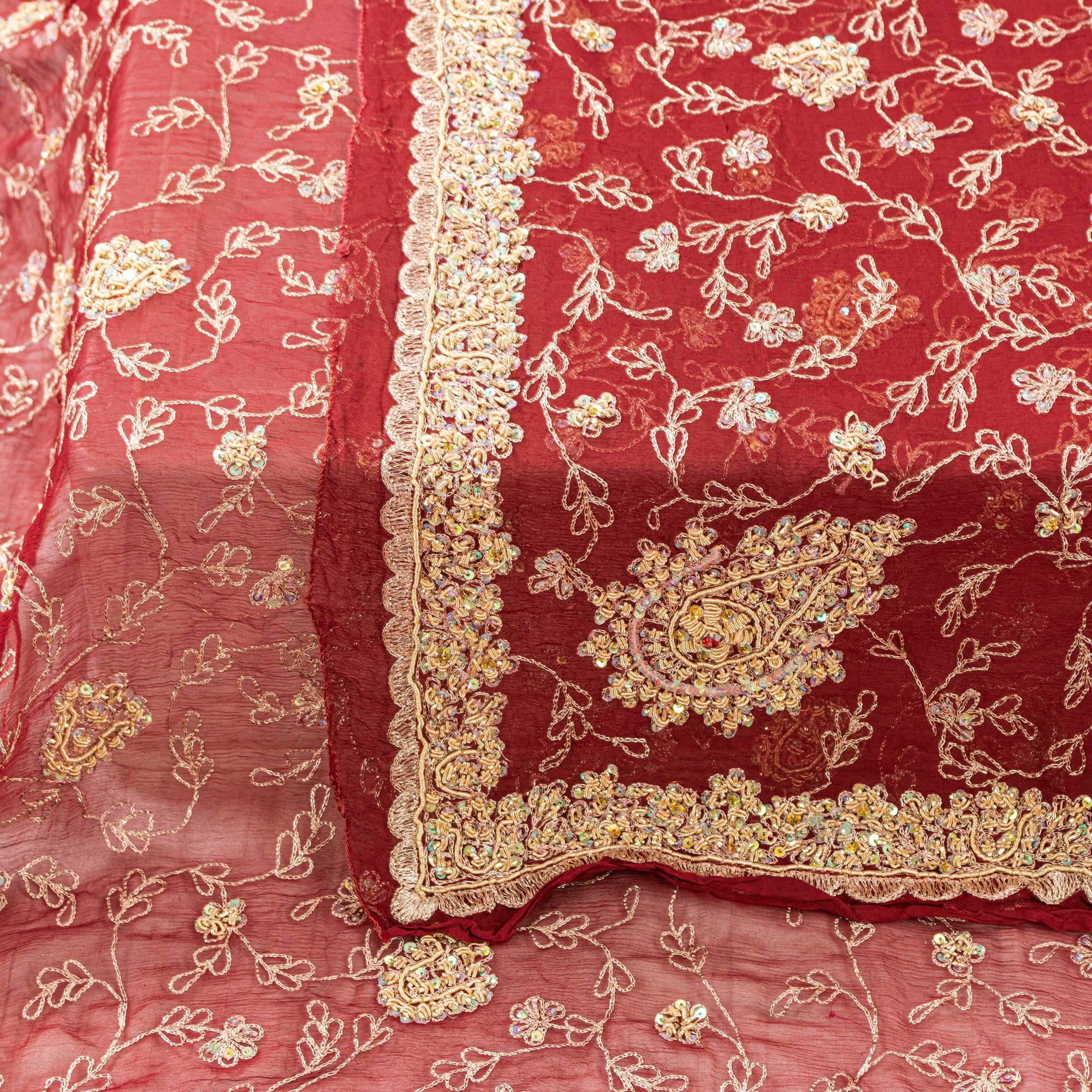 Sanskriti Vintage Dupatta Stole Red Pure Chiffon Net Hand Beaded Neck/Head Veil