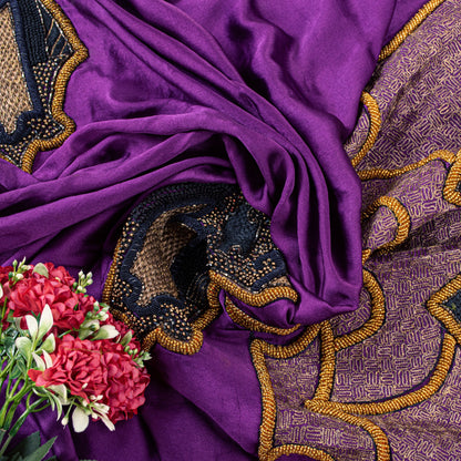 Sanskriti Vintage PurplePure Silk Dupatta Long Stole Hand Beaded Patch Work Veil