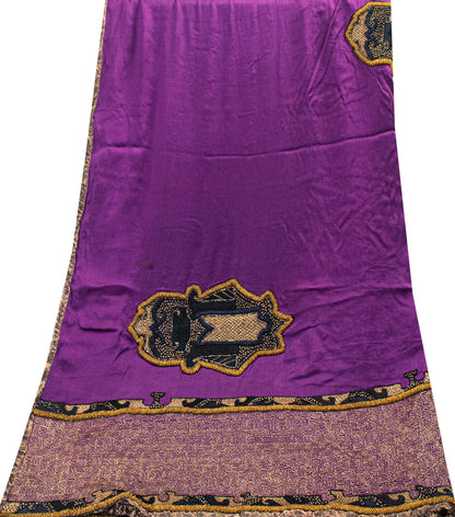 Sanskriti Vintage PurplePure Silk Dupatta Long Stole Hand Beaded Patch Work Veil