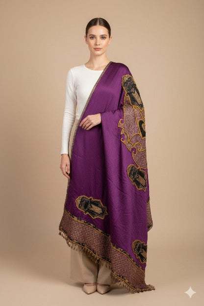 Sanskriti Vintage PurplePure Silk Dupatta Long Stole Hand Beaded Patch Work Veil