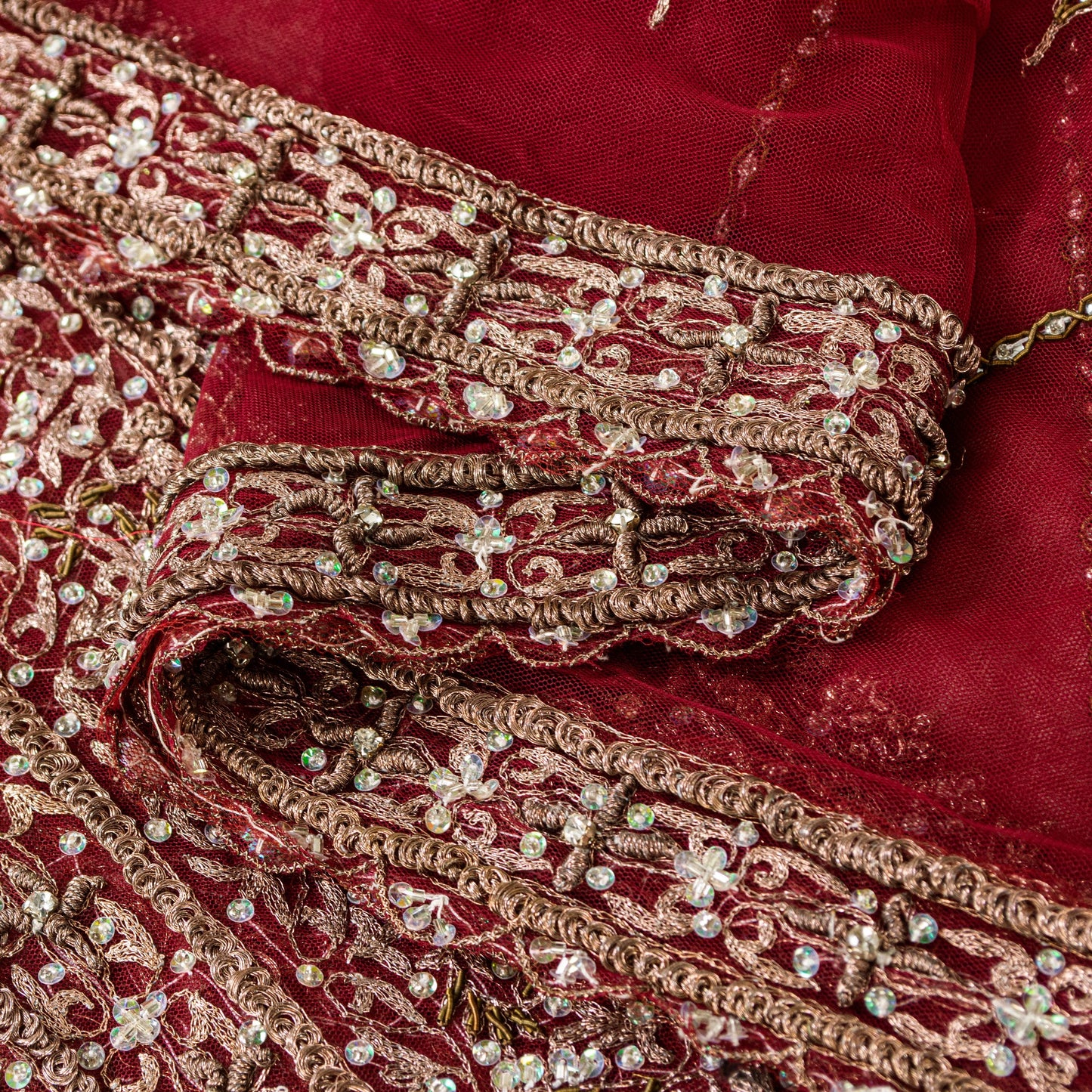 Sanskriti Vintage Red Net Dupatta Long Stole Hand Beaded Zardozi Bridal Scarves