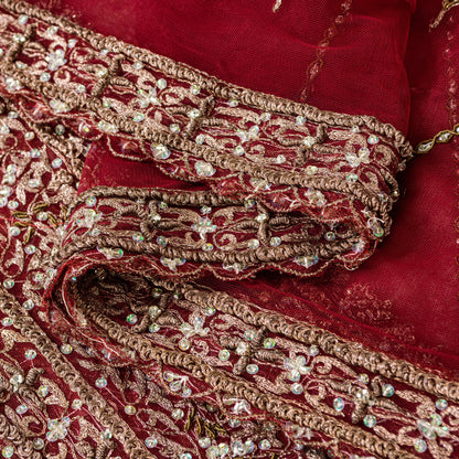 Sanskriti Vintage Red Net Dupatta Long Stole Hand Beaded Zardozi Bridal Scarves