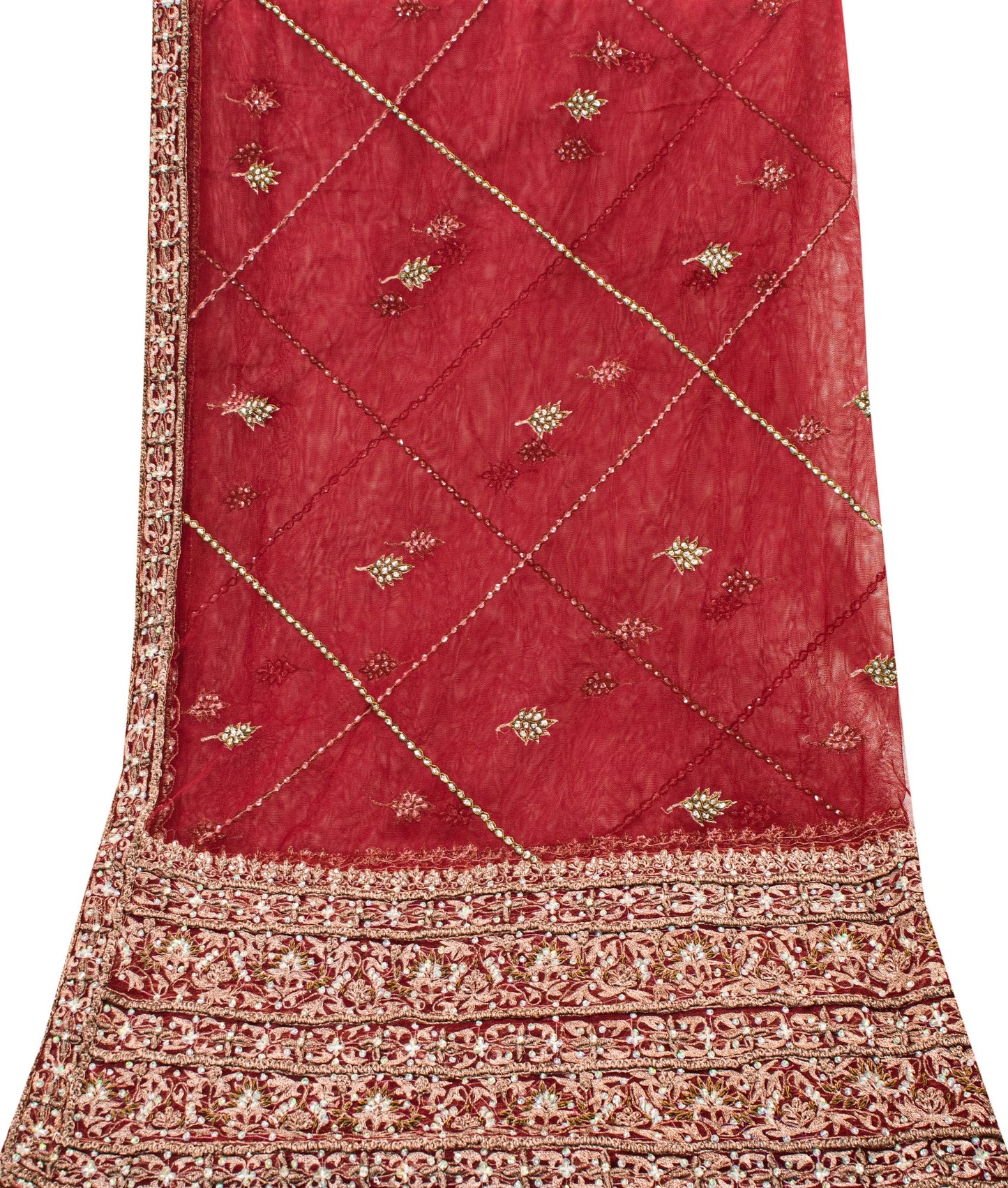 Sanskriti Vintage Red Net Dupatta Long Stole Hand Beaded Zardozi Bridal Scarves
