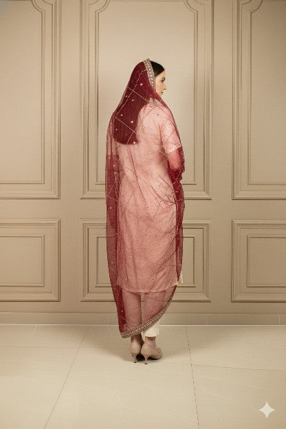 Sanskriti Vintage Red Net Dupatta Long Stole Hand Beaded Zardozi Bridal Scarves