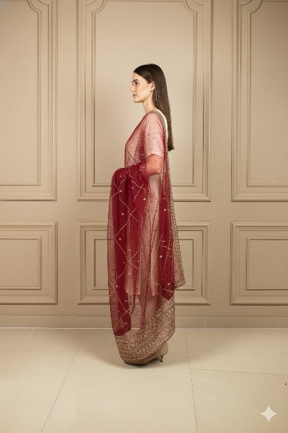 Sanskriti Vintage Red Net Dupatta Long Stole Hand Beaded Zardozi Bridal Scarves