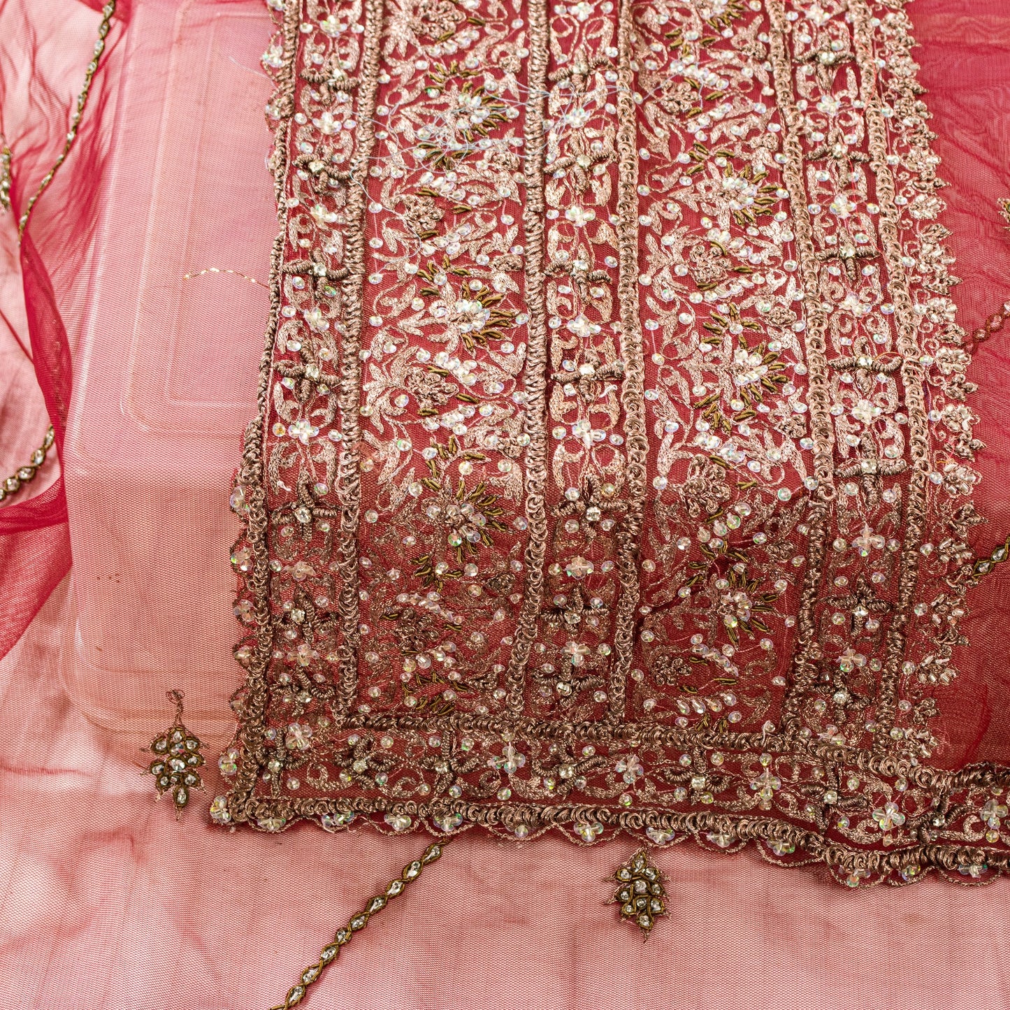 Sanskriti Vintage Red Net Dupatta Long Stole Hand Beaded Zardozi Bridal Scarves