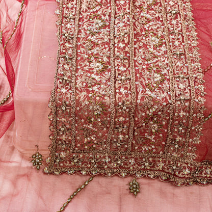 Sanskriti Vintage Red Net Dupatta Long Stole Hand Beaded Zardozi Bridal Scarves