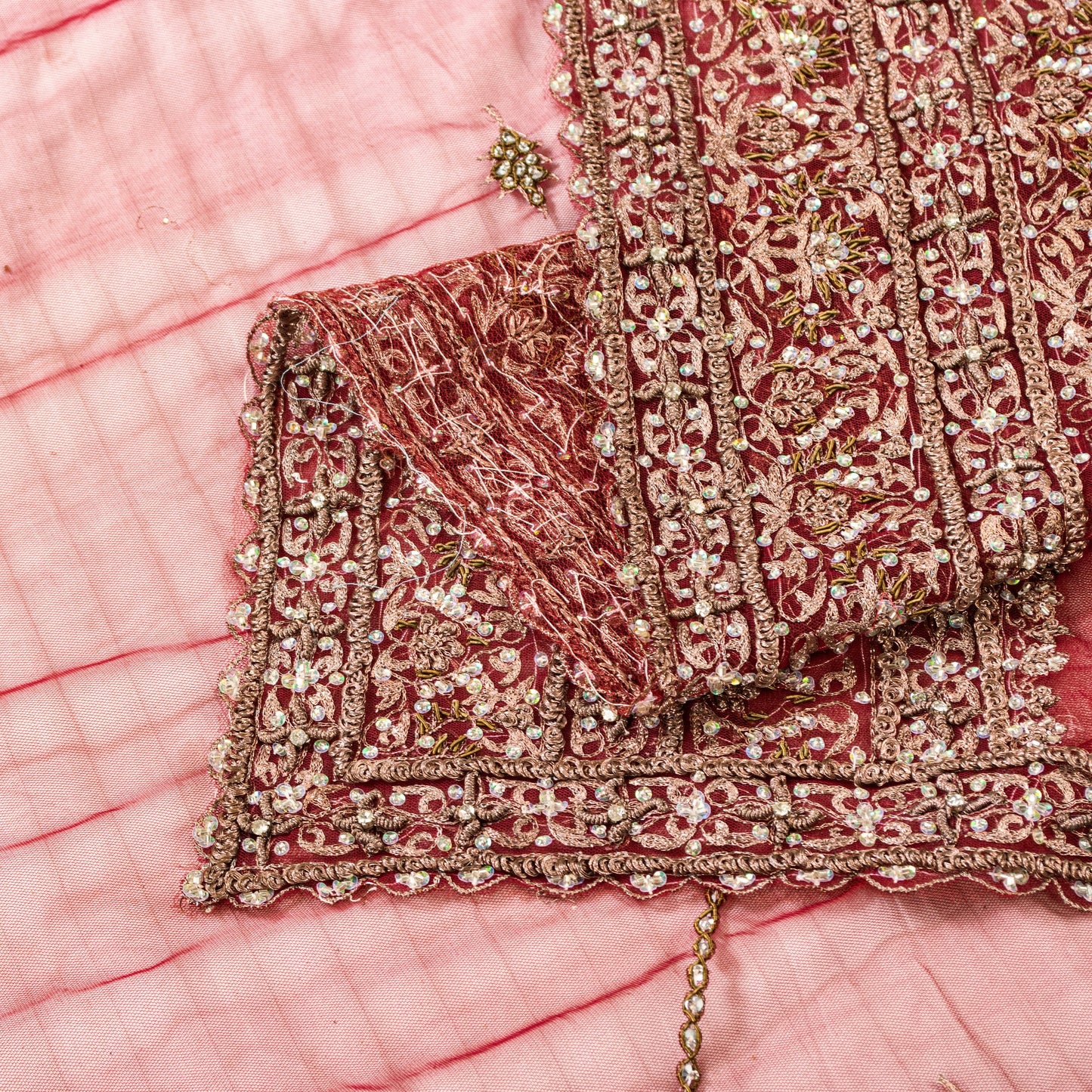 Sanskriti Vintage Red Net Dupatta Long Stole Hand Beaded Zardozi Bridal Scarves