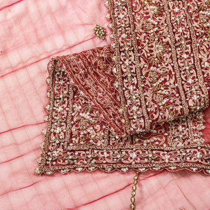 Sanskriti Vintage Red Net Dupatta Long Stole Hand Beaded Zardozi Bridal Scarves