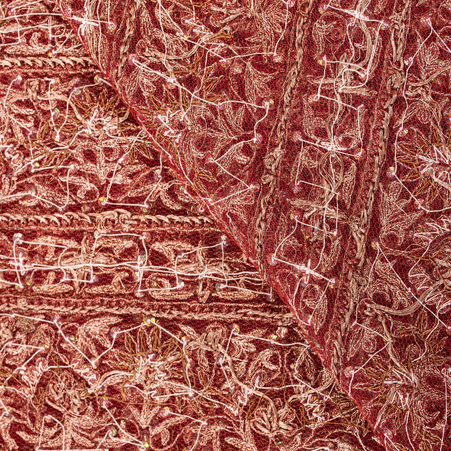 Sanskriti Vintage Red Net Dupatta Long Stole Hand Beaded Zardozi Bridal Scarves