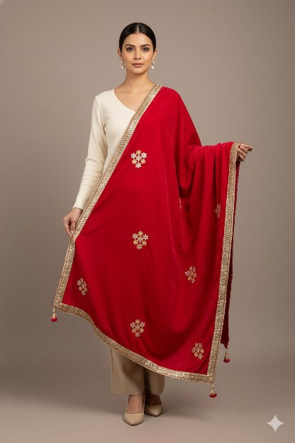 Sanskriti Vintage Pink Velvet Dupatta Long Stole Hand Embroidery Gota Patti Veil