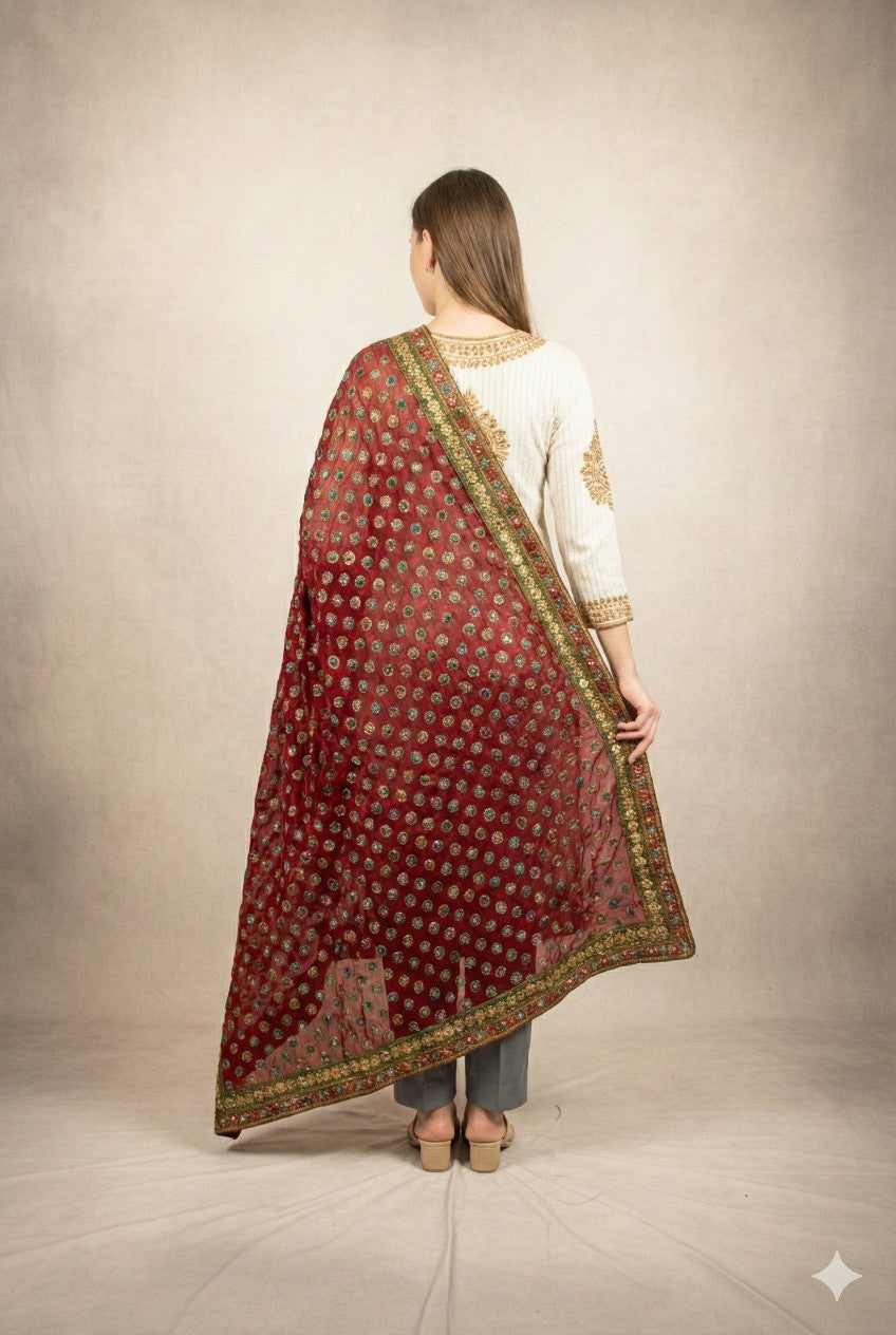 Sanskriti Vintage Red Pure Georgette Dupatta Long Stole Hand Beaded Zardozi Veil