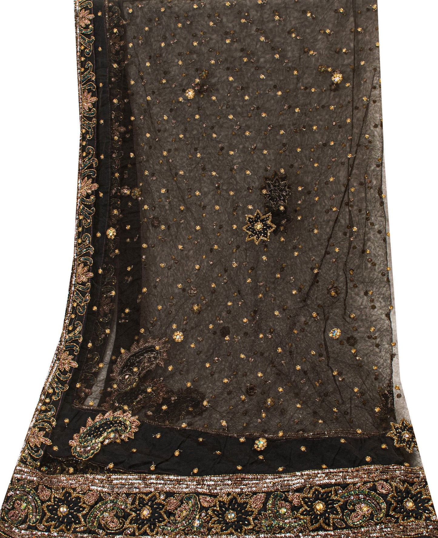 Sanskriti Vintage Black Net Dupatta Long Stole Hand Beaded Dabka Sequins Party Create Dresses, Kaftan, Skirt, Tops, Project, Decor
