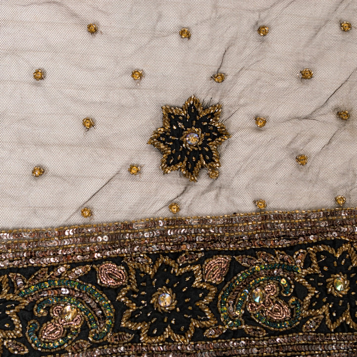 Sanskriti Vintage Black Net Dupatta Long Stole Hand Beaded Dabka Sequins Party Create Dresses, Kaftan, Skirt, Tops, Project, Decor