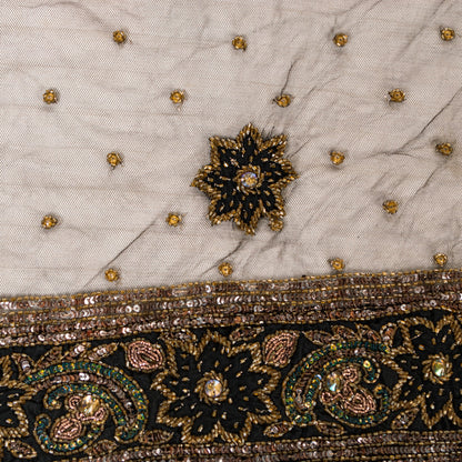 Sanskriti Vintage Black Net Dupatta Long Stole Hand Beaded Dabka Party Scarves