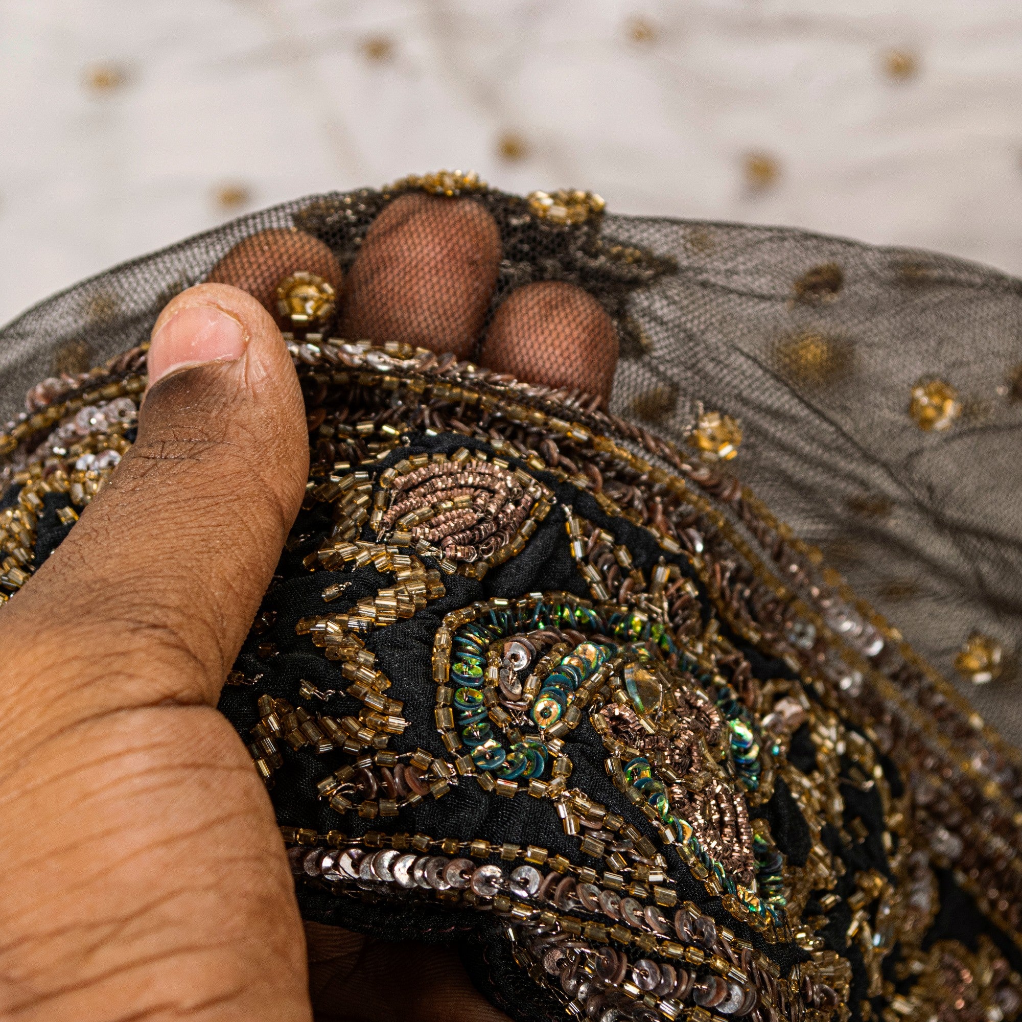 Sanskriti Vintage Black Net Dupatta Long Stole Hand Beaded Dabka Party Scarves