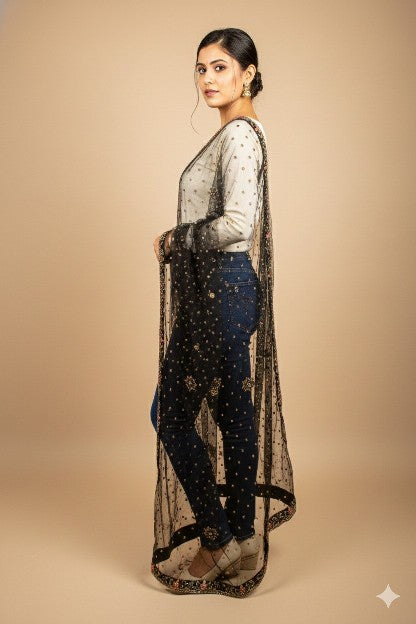 Sanskriti Vintage Black Net Dupatta Long Stole Hand Beaded Dabka Sequins Party Create Dresses, Kaftan, Skirt, Tops, Project, Decor