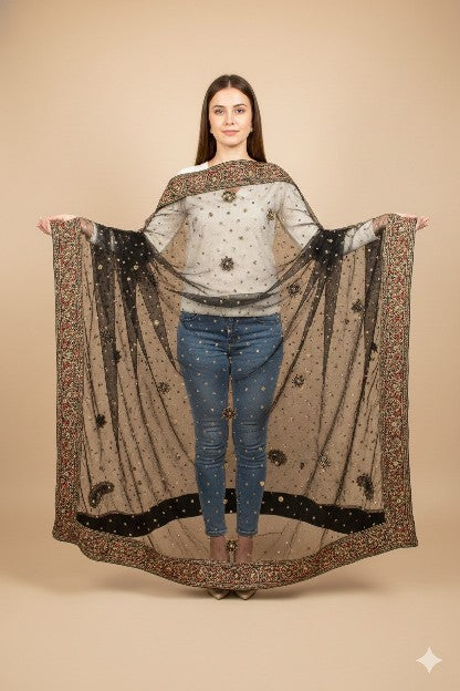 Sanskriti Vintage Black Net Dupatta Long Stole Hand Beaded Dabka Party Scarves