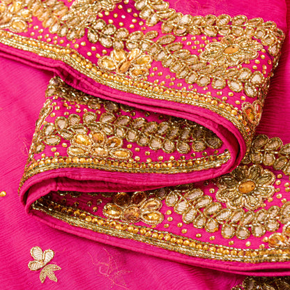 Sanskriti Vintage Pink Pure Chiffon Dupatta Long Stole Hand Beaded Zardozi Scarf