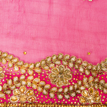 Sanskriti Vintage Pink Pure Chiffon Dupatta Long Stole Hand Beaded Zardozi Scarf