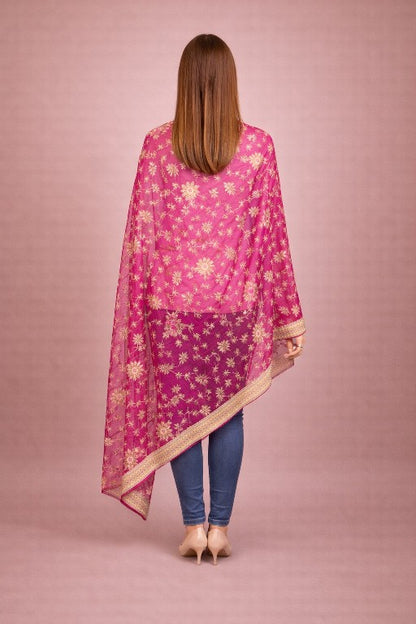 Sanskriti Vintage Pink Pure Chiffon Dupatta Long Stole Hand Beaded Zardozi Scarf