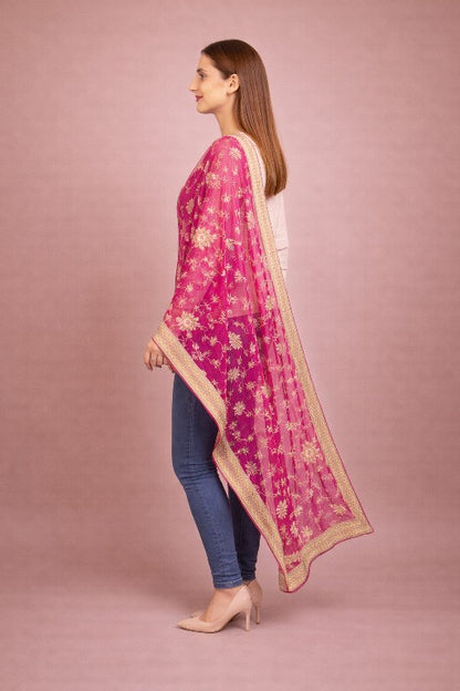 Sanskriti Vintage Pink Pure Chiffon Dupatta Long Stole Hand Beaded Zardozi Scarf